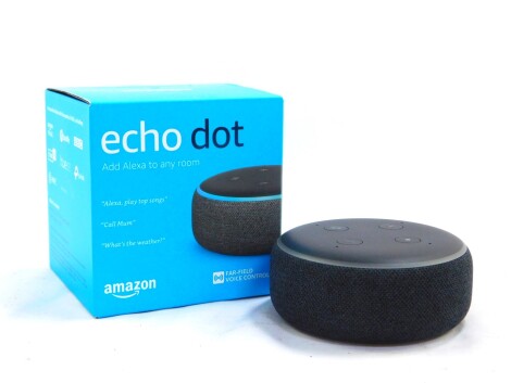 An Amazon Echo Dot, boxed.