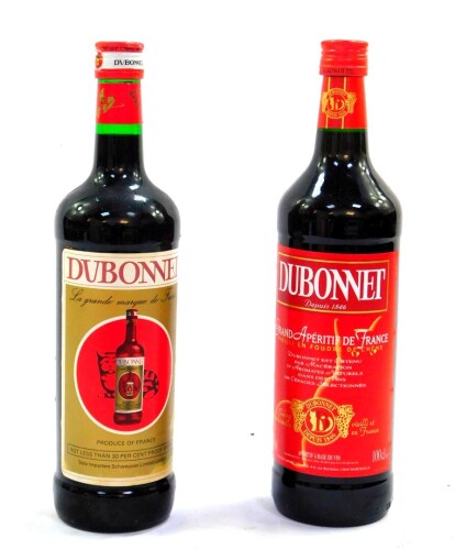 Two bottles of Dubonnet, one marked Grand Aperitif de France, Vieilli en Foudre des Chene., the other La grande marque de France.