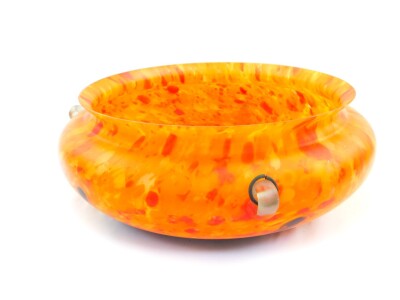 An Art Deco mottled orange and blue glass ceiling light, with three frost glass nodules, holding suspension chains, 43cm diameter.