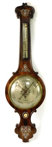 D Barloni of London. An early 19thC rosewood banjo barometer, silvered dial, with thermometer, the case mother of pearl inlaid with birds and foliate scrolls, 105cm high.