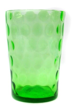 A vintage green glass vase, of bucket form with repeating thumb press decoration, 25cm high.