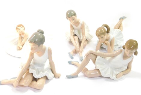 Five Nao porcelain figures, modelled as ballerinas, in varying poses, printed marks.