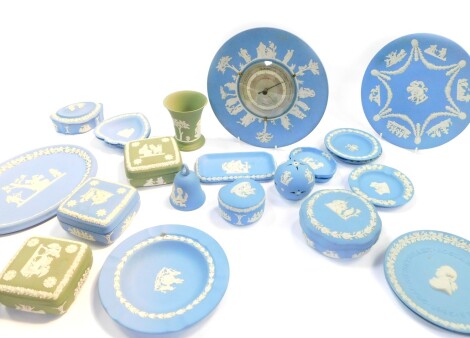 Wedgwood Jasperware, light blue and green, including a wall barometer, pomander, bell, commemorative plates, dishes, boxes and covers. (a quantity)