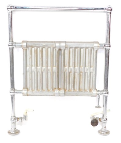 A vintage chromium plated heated towel rail and central radiator, with cast iron centre panels, 97cm high, 75cm wide.