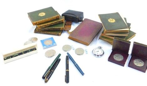 A Conway Stewart cracked ice fountain pen, Rex fountain pens, Waterman, Ormerod and Tower City fountain pens, Chester of Britain crowns 1951, further commemorative crowns, souvenir pen knife of The Coronation of His Majesty King George VI 12th May 1937, T