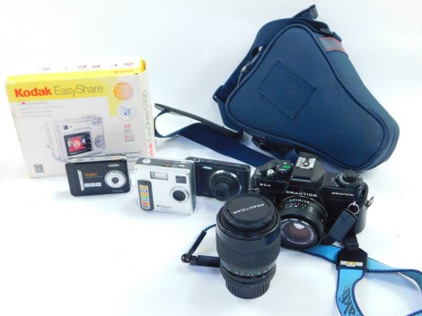 A Praktica BCA electronic camera, with 1:8 F=50mm pentacon lens, 4-5.6/70-210MC zoom lens, together with a Samsung HD5X digital camera, Kodak Easyshare Zoom digital camera C30, Polaroid PDC70 2.7 mega pixel digital camera, and a Vivtar digital camera VC5