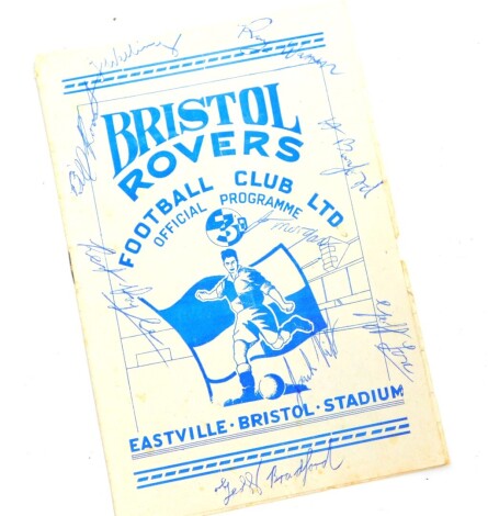 A Bristol Rovers Football Club official programme, against Gillingham FC, Saturday September 6th 1952, signed by Vic Lambden, George Petherbridge, H Bamford, Ray Warren, Bert Hoyle, Jeff Bradford, Jeff Fox, J Morgan, Bill Roos and J Welling.