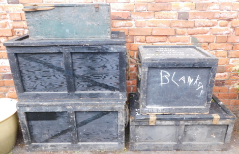 Five military stained pine boxes, some named to Flt Lt. J C Kent, 51cm high, 89.5cm wide, 45cm deep x 2, 36cm high, 89cm wide, 45cm deep, 51cm high, 59cm wide, 45cm deep and 26cm high, 60.5cm wide, 27.5cm deep.