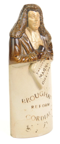 A 19thC Brougham stoneware reform cordial flask, modelled holding the second Magna Carta, impress mark for Bourne's Potteries, Belper and Denby, Derbyshire, 18.5cm high.