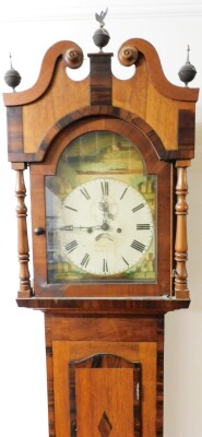 An early 19thC oak longcase clock, with rosewood cross banding having swan neck pillared hood, full length trunk door, painted square arched dial with Roman numerals and date crescent, Lincoln maker with an eight day movement with striking bell, with pend