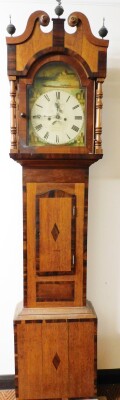 An early 19thC oak longcase clock, with rosewood cross banding having swan neck pillared hood, full length trunk door, painted square arched dial with Roman numerals and date crescent, Lincoln maker with an eight day movement with striking bell, with pend - 2