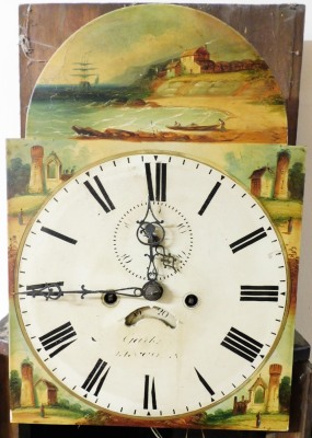 An early 19thC oak longcase clock, with rosewood cross banding having swan neck pillared hood, full length trunk door, painted square arched dial with Roman numerals and date crescent, Lincoln maker with an eight day movement with striking bell, with pend - 3