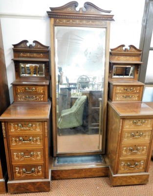 A late Victorian inlaid rosewood bedroom suite, with extensive marquetry in pearwood, satinwood and bone inlays, of a Neo Classical design, comprising wardrobe compactum with double swan necked hood, with dentil moulded cornice, inverted break front centr - 2