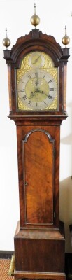 A George III framed mahogany longcase clock, with ball and spike adorned hood, full length trunk door with arch, plain base with bracket feet, the brass square arch dial with silvered silent/strike dial and chapter ring with Roman hour and Arabic minute n - 2