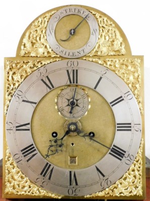 A George III framed mahogany longcase clock, with ball and spike adorned hood, full length trunk door with arch, plain base with bracket feet, the brass square arch dial with silvered silent/strike dial and chapter ring with Roman hour and Arabic minute n - 3