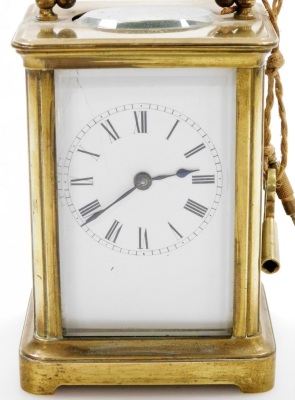 A late 19thC brass cased carriage timepiece, with a rectangular white enamelled dial, with Roman numerals and blue hands, key wind, 11cm high, 7cm wide, 6.5cm deep. - 2