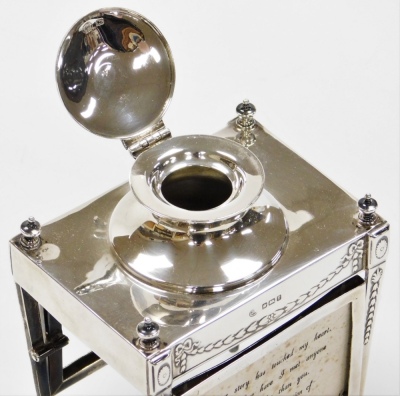 An early George V silver ink stand of neo classical design, having a raised inkwell on a four leg stand, with urns, oval patera and bell husk pendants, the legs tied by revolving card cases to the front and rear of the frame, maker John Round & Son, Sheff - 2