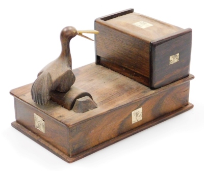 An early 20thC Japanese parquetry cigarette dispenser, with a bird picker, signed, 18cm wide. - 2