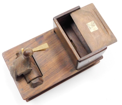 An early 20thC Japanese parquetry cigarette dispenser, with a bird picker, signed, 18cm wide. - 3