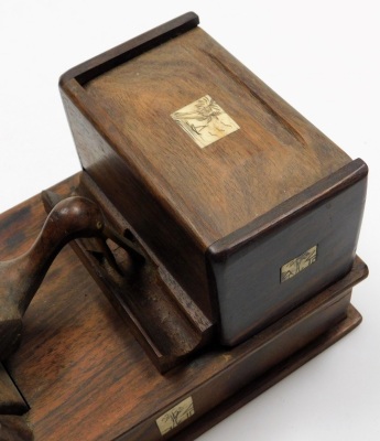 An early 20thC Japanese parquetry cigarette dispenser, with a bird picker, signed, 18cm wide. - 4