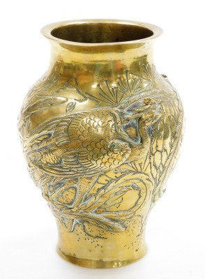 A brass Chinese baluster vase, with applied detailing of storks and vines, with character stamped to underside, 19cm high. - 3