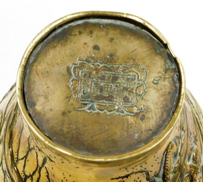 A brass Chinese baluster vase, with applied detailing of storks and vines, with character stamped to underside, 19cm high. - 5