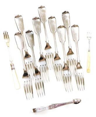 A pair of Georgian silver bright cut sugar tongs, London assay, nine EPNS fiddle pattern table forks and two pickle forks. (9)