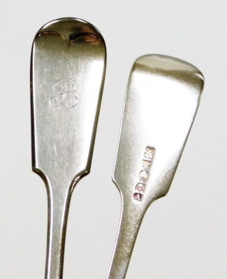 A pair of Georgian silver bright cut sugar tongs, London assay, nine EPNS fiddle pattern table forks and two pickle forks. (9) - 3