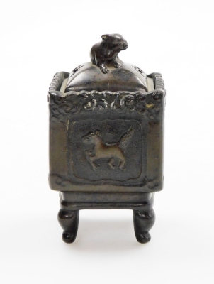 A group of Oriental ceramics, to include a miniature bronze censer with a Dog of Fo top, and dragon motifs character stamp to underside, 12cm high, a pair of glazed horses, 7.5cm high and a jade elephant on base (AF). (4) - 5