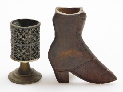 A group of various treen and effects, to include a small treen boot, 8.5cm high, a wooden trinket box depicting the cathedral, two brass candlesticks, miniature magnifying glass and a goblet. (6) - 3