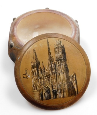 A group of various treen and effects, to include a small treen boot, 8.5cm high, a wooden trinket box depicting the cathedral, two brass candlesticks, miniature magnifying glass and a goblet. (6) - 4