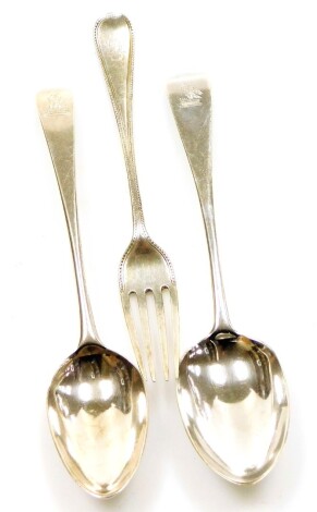 A group of silver cutlery, to include an early Victorian silver dessert spoon, London, a further silver dessert spoon, hallmarks rubbed and a silver fork, London, 3¾oz. (3)