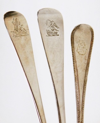 A group of silver cutlery, to include an early Victorian silver dessert spoon, London, a further silver dessert spoon, hallmarks rubbed and a silver fork, London, 3¾oz. (3) - 2