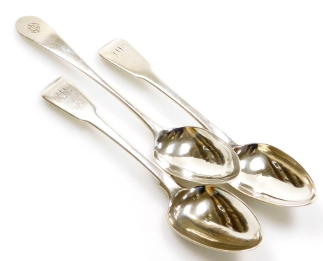 Three Georgian dessert spoons, each with engraved initials, including a pair for London 1809, and another Edinburgh 1820, 4¼oz.