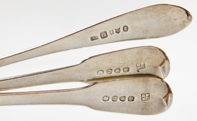 Three Georgian dessert spoons, each with engraved initials, including a pair for London 1809, and another Edinburgh 1820, 4¼oz. - 2