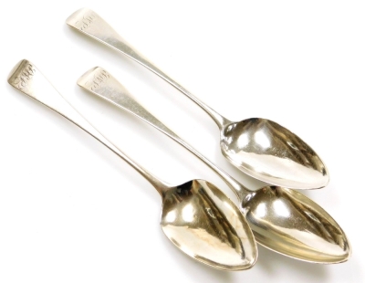 Three George III silver Old English pattern serving spoons, each with initials FMP, London 1808, maker P W Bateman, 7½oz.