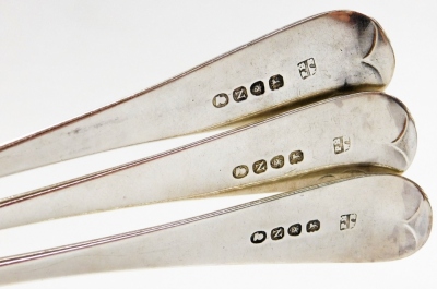 Three George III silver Old English pattern serving spoons, each with initials FMP, London 1808, maker P W Bateman, 7½oz. - 2