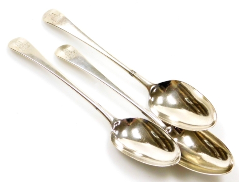 Three Old English pattern crested silver dessert teaspoons, each bearing a crown and boars head crest, London 1783, maker: Hester Bateman, 3¼oz.
