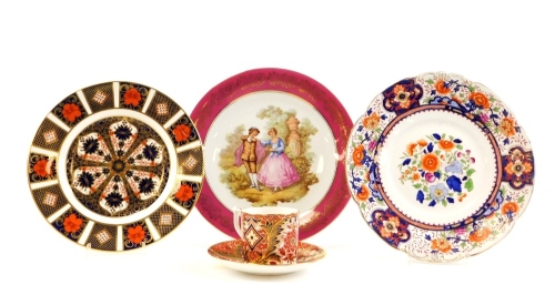 A group of ceramics, to include a Royal Crown Derby Imari pattern collectors plate, a Royal Crown Derby The Curators collection acanthus cup and saucer set, a Booths England plate and a Le Moche plate. (5)