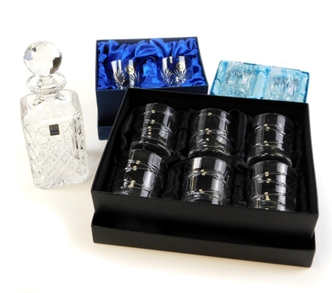 Various Royal Scot and other crystal, to include a Royal Scot crystal decanter boxed, a cased pair of Royal Scot crystal tumblers, a pair of Tutbury Georgian crystal tumblers boxed and a set of Rockingham crystal cased six tumblers. (4 boxes)