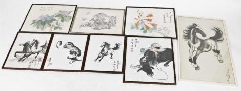 A group of Chinese and Japanese pictures and prints, to include animal scenes, mountainous scenes, etc., all framed. (7)