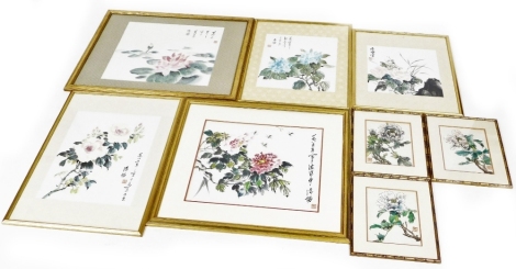 A group of gilt framed Chinese and Japanese pictures and prints, mainly watercolours of flowers. (8)