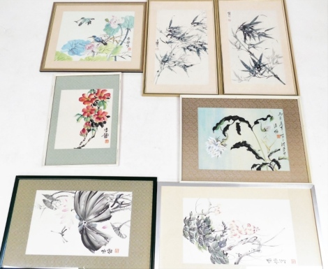 A group of Chinese and Japanese prints pictures and watercolours, mainly of flowers and animals. (7)