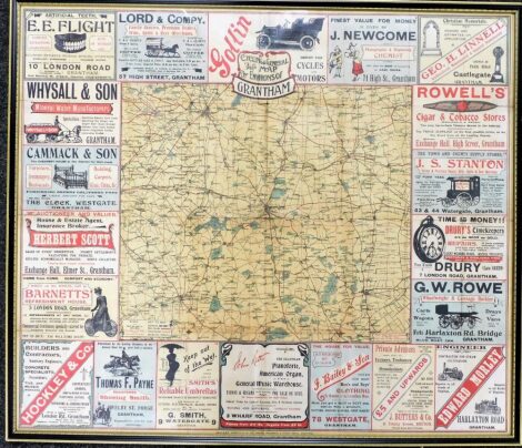 A framed coloured cycling map of Grantham, with various advert surrounds in a black and gilt frame, 62cm x 72cm.