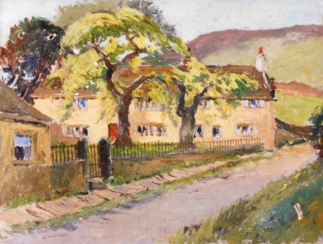 H. Taylor-Green (20thC School). Cottage scene, oil on canvas, unframed, 35.5cm x 45.5cm. (AF)