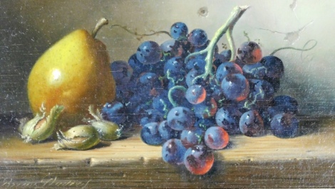 Brian ? (20thC School). Still life of berries and pears, signed, oil on board, 13.5cm x 24.5cm, in mounted gilt frame.