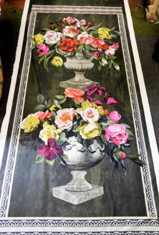 A large wall hanging still life screen print, printed on fabric, 144cm wide.