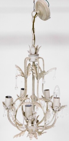 A late 20thC metal white finish six branch chandelier, with various leaf design and droplets, 46cm high.