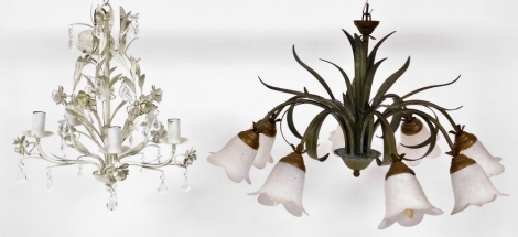 A floral metal chandelier, with glass floral shades and fern spray centre, 52cm high, 71cm wide, together with a modern white example, 65cm high, 40cm wide.