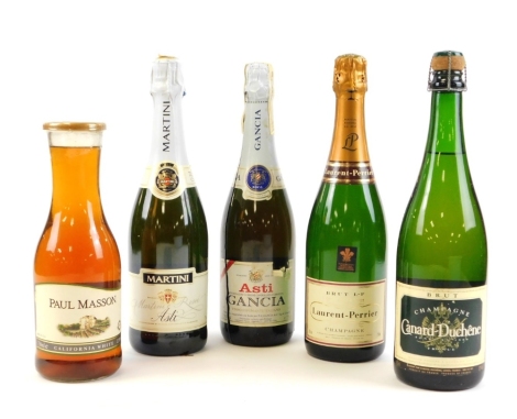 A group of alcohol, to include a Laurent-Perrier champagne, a Canard-Duchene French champagne, a Asti Gancia, a Paul Mason white dessert wine and a Martini Rossi Asti. (5)